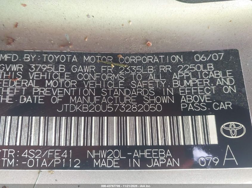 2007 Toyota Prius VIN: JTDKB20U573282050 Lot: 43767706