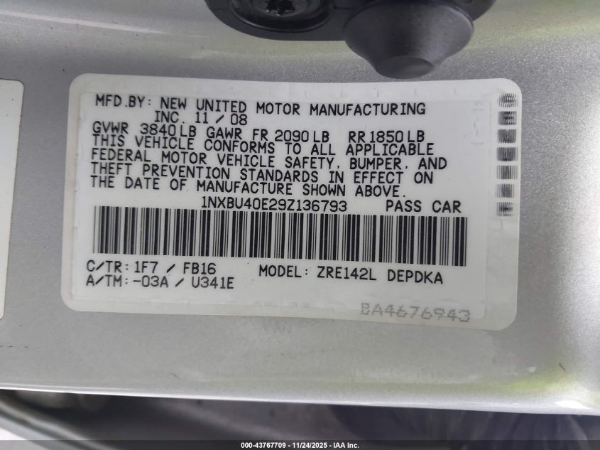 2009 Toyota Corolla Le VIN: 1NXBU40E29Z136793 Lot: 43767709