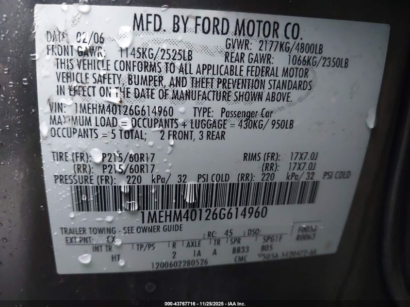 2006 Mercury Montego Luxury VIN: 1MEHM40126G614960 Lot: 43767716