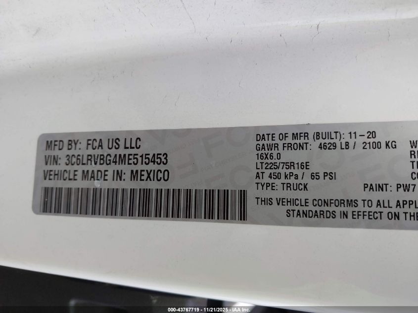 2021 Ram Promaster 1500 High Roof 136 Wb VIN: 3C6LRVBG4ME515453 Lot: 43767719