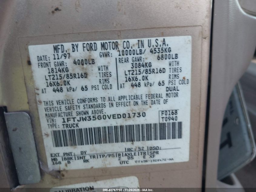 1997 Ford F-350 Xl VIN: 1FTJW35G0VED01730 Lot: 43767733