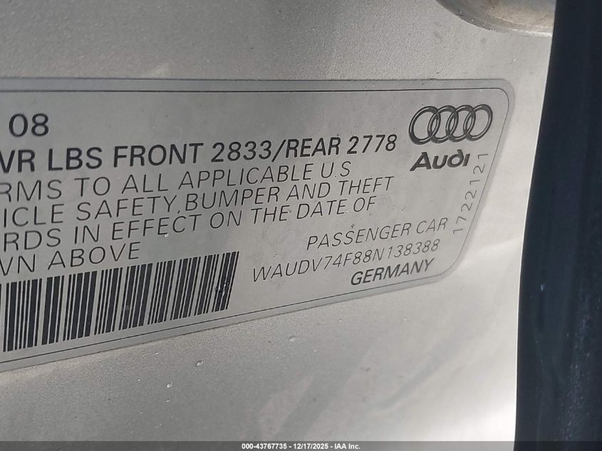 2008 Audi A6 4.2 VIN: WAUDV74F88N138388 Lot: 43767735