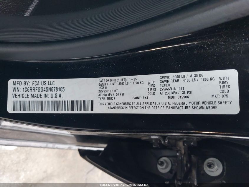2025 Ram 1500 Tradesman 4X4 5'7 Box VIN: 1C6RRFGG4SN678105 Lot: 43767738
