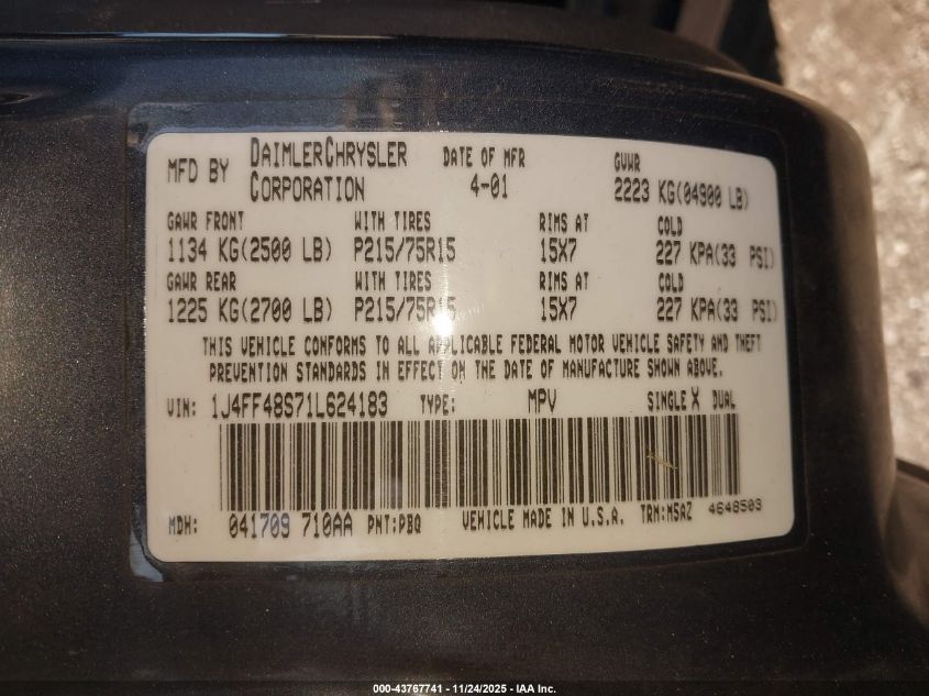 2001 Jeep Cherokee Sport VIN: 1J4FF48S71L624183 Lot: 43767741