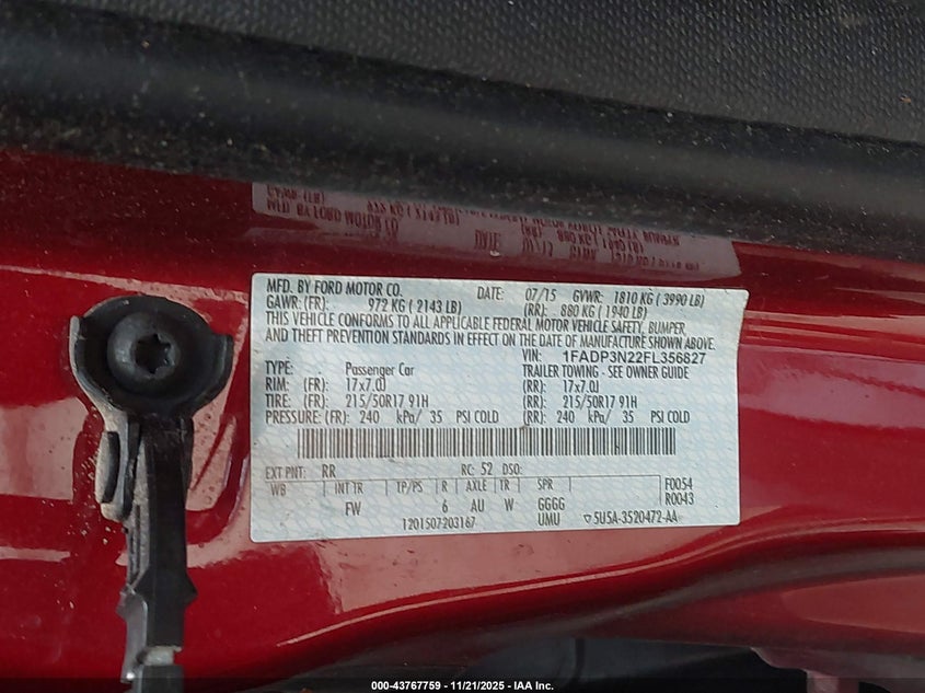 1FADP3N22FL356827 2015 FORD FOCUS photo no. 9