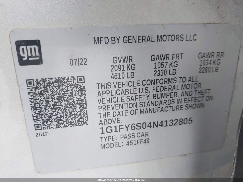 2022 Chevrolet Bolt Euv Fwd Lt VIN: 1G1FY6S04N4132805 Lot: 43767785