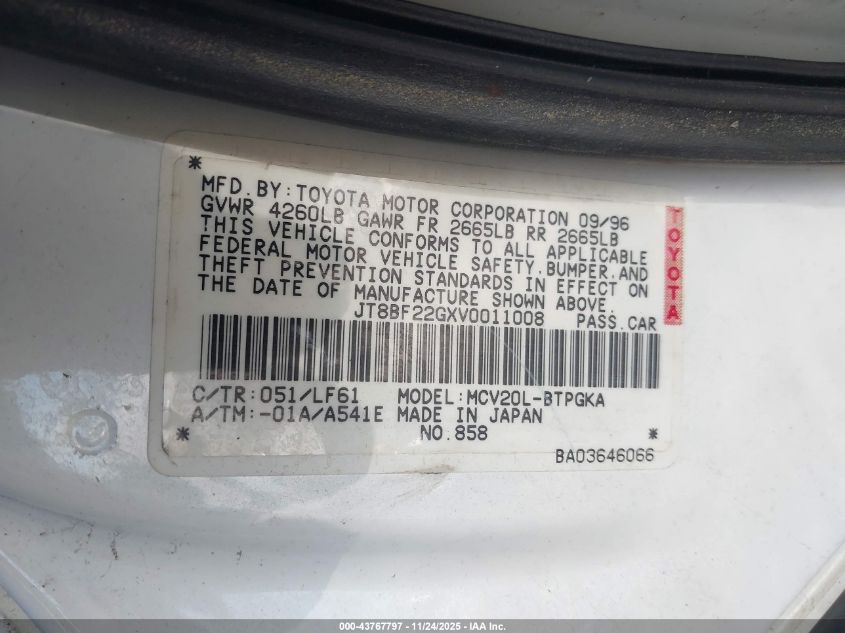 1997 Lexus Es 300 VIN: JT8BF22GXV0011008 Lot: 43767797