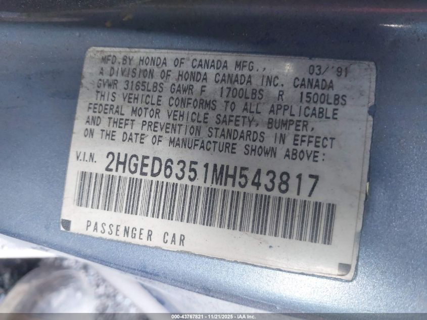 2HGED6351MH543817 1991 HONDA CIVIC photo no. 9