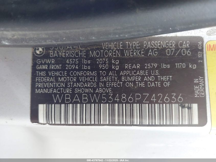2006 BMW 330Ci VIN: WBABW53486PZ42636 Lot: 43767842