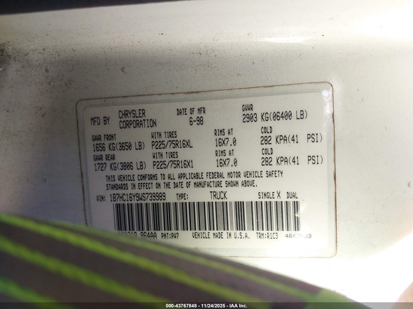 1998 Dodge Ram 1500 St VIN: 1B7HC16Y9WS739989 Lot: 43767848