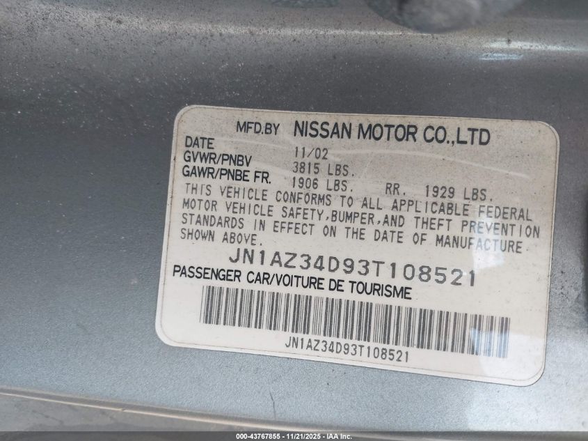 2003 Nissan 350Z Touring VIN: JN1AZ34D93T108521 Lot: 43767855