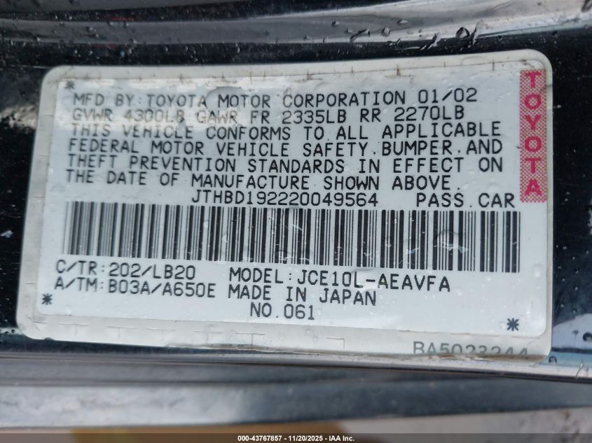 2002 Lexus Is 300 VIN: JTHBD192220049564 Lot: 43767857