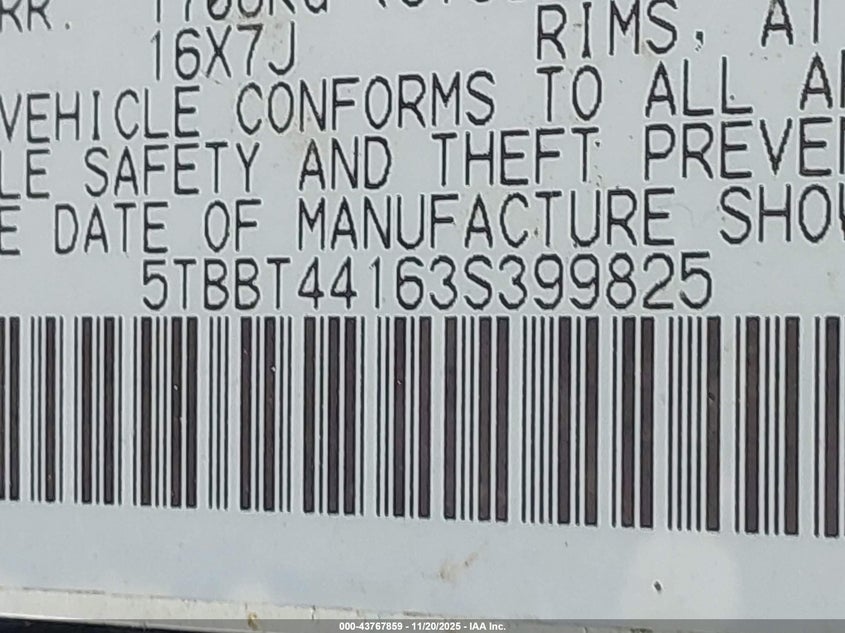 2003 Toyota Tundra Sr5 V8 VIN: 5TBBT44163S399825 Lot: 43767859
