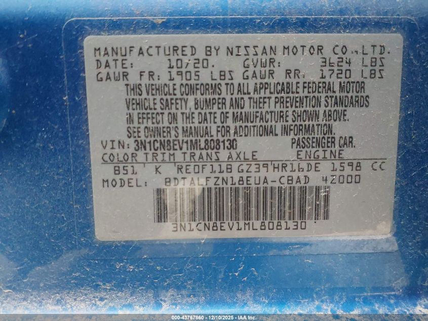 2021 Nissan Versa Sv Xtronic Cvt VIN: 3N1CN8EV1ML808130 Lot: 43767860