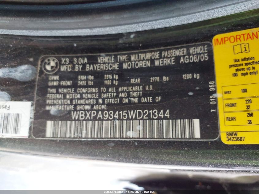2005 BMW X3 3.0I VIN: WBXPA93415WD21344 Lot: 43767861