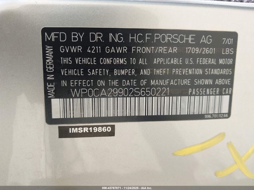 2002 Porsche 911 Carrera/Carrera 4 VIN: WP0CA29902S650221 Lot: 43767871