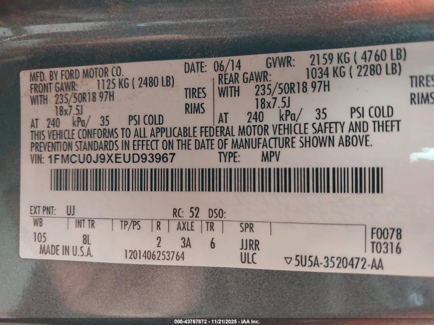 2014 Ford Escape Titanium VIN: 1FMCU0J9XEUD93967 Lot: 43767872