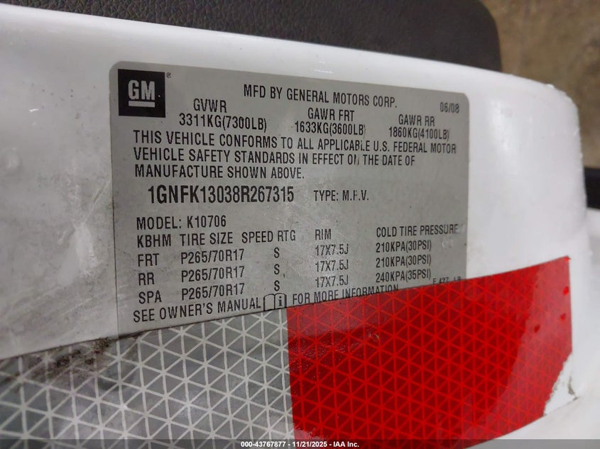 2008 Chevrolet Tahoe Commercial Fleet VIN: 1GNFK13038R267315 Lot: 43767877