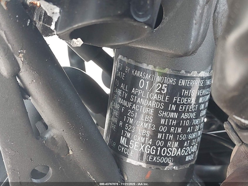 2025 Kawasaki Ex500 VIN: ML5EXGG10SDA62046 Lot: 43767878