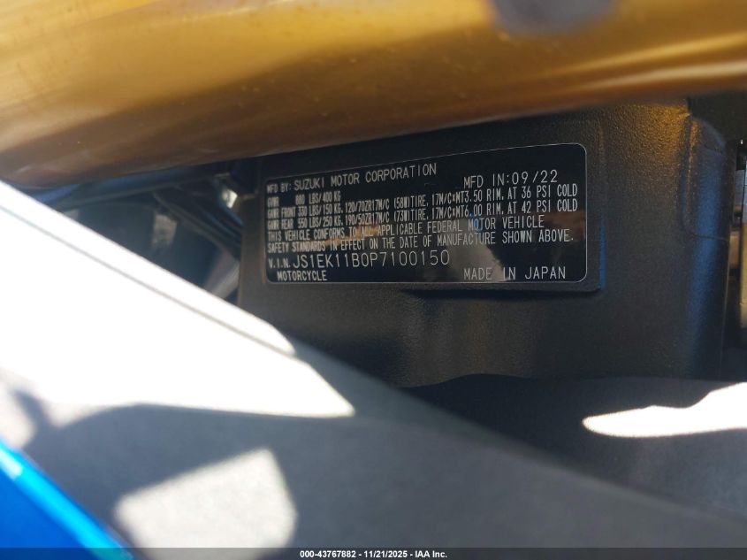 2023 Suzuki Gsx-S1000 A VIN: JS1EK11B0P7100150 Lot: 43767882