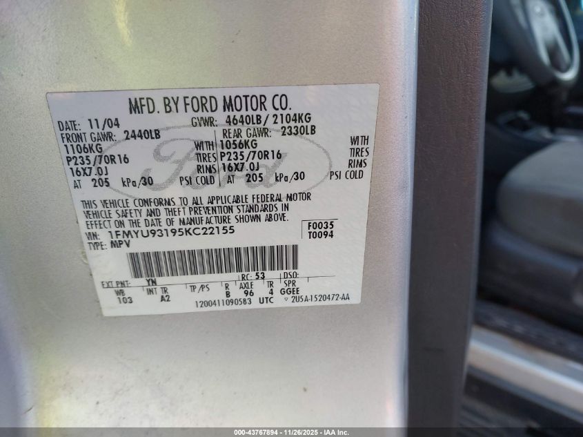 2005 Ford Escape Xlt VIN: 1FMYU93195KC22155 Lot: 43767894