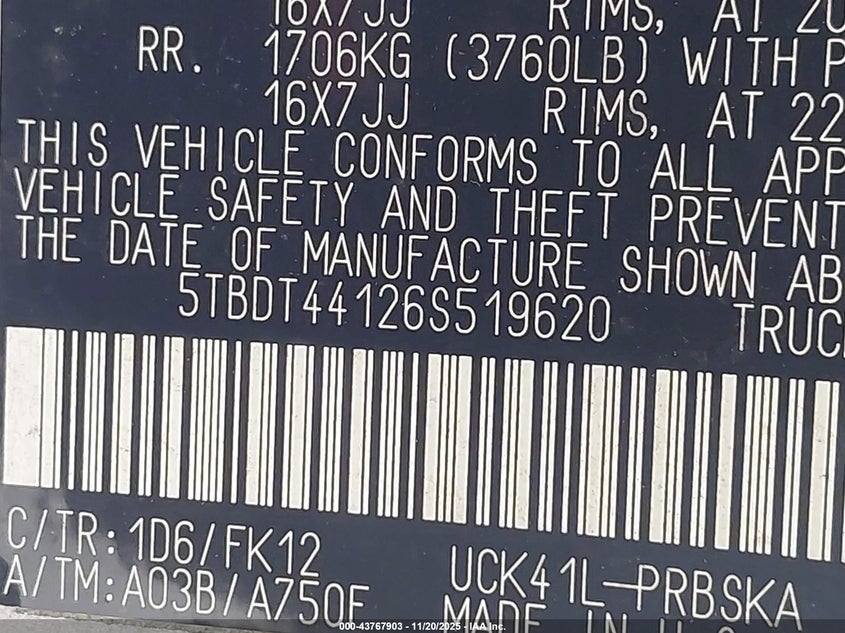 2006 Toyota Tundra Sr5 V8 VIN: 5TBDT44126S519620 Lot: 43767903