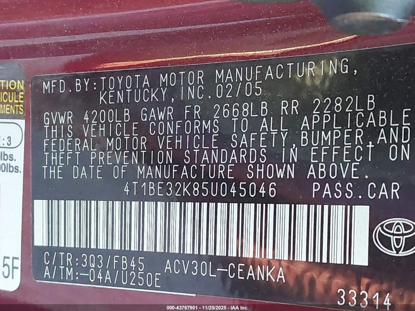 2005 Toyota Camry Le VIN: 4T1BE32K85U045046 Lot: 43767901