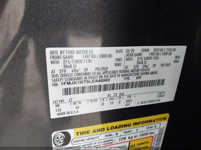 2020 Ford Expedition Limited Max VIN: 1FMJK1KT9LEA46960 Lot: 43767905