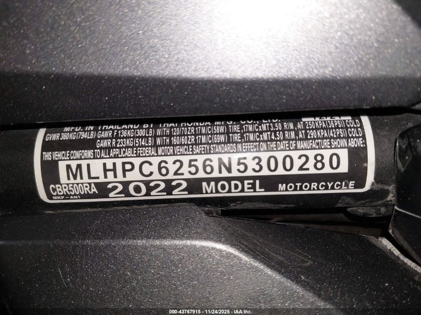 2022 Honda Cbr500 Ra VIN: MLHPC6256N5300280 Lot: 43767915