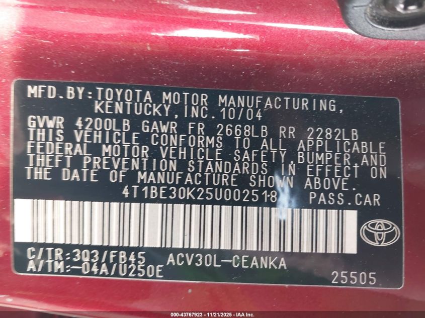 2005 Toyota Camry Le VIN: 4T1BE30K25U002518 Lot: 43767923