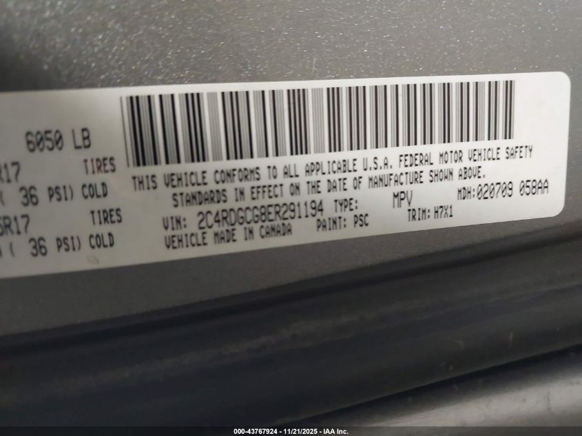 2014 Dodge Grand Caravan Sxt VIN: 2C4RDGCG8ER291194 Lot: 43767924