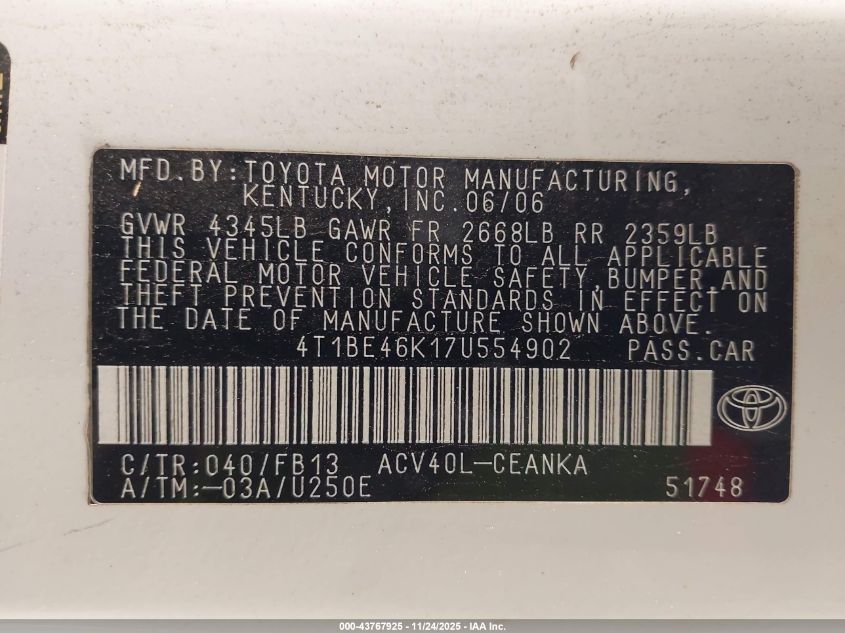 2007 Toyota Camry Le VIN: 4T1BE46K17U554902 Lot: 43767925