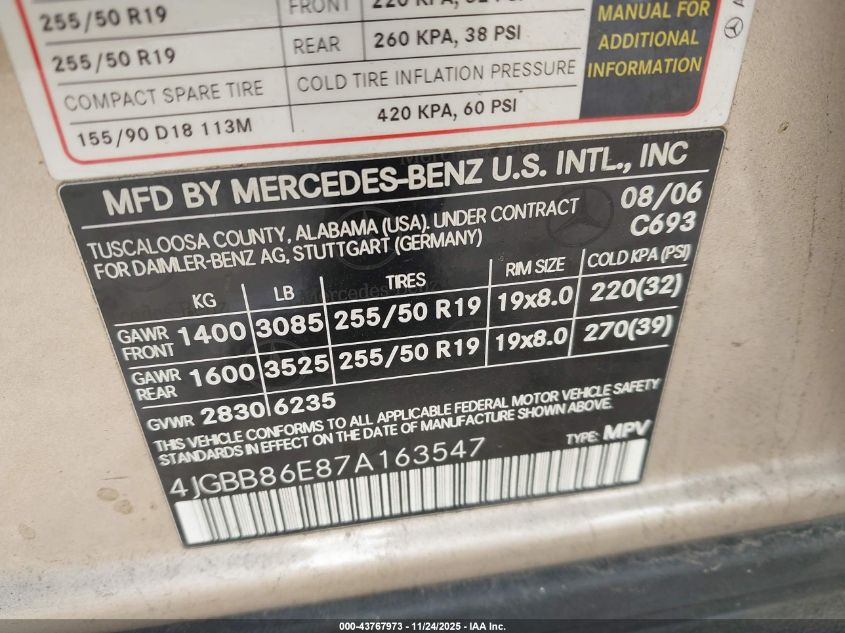 2007 Mercedes-Benz Ml 350 4Matic VIN: 4JGBB86E87A163547 Lot: 43767973