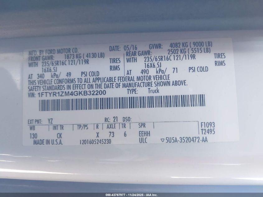 2016 Ford Transit-250 VIN: 1FTYR1ZM4GKB32200 Lot: 43767977