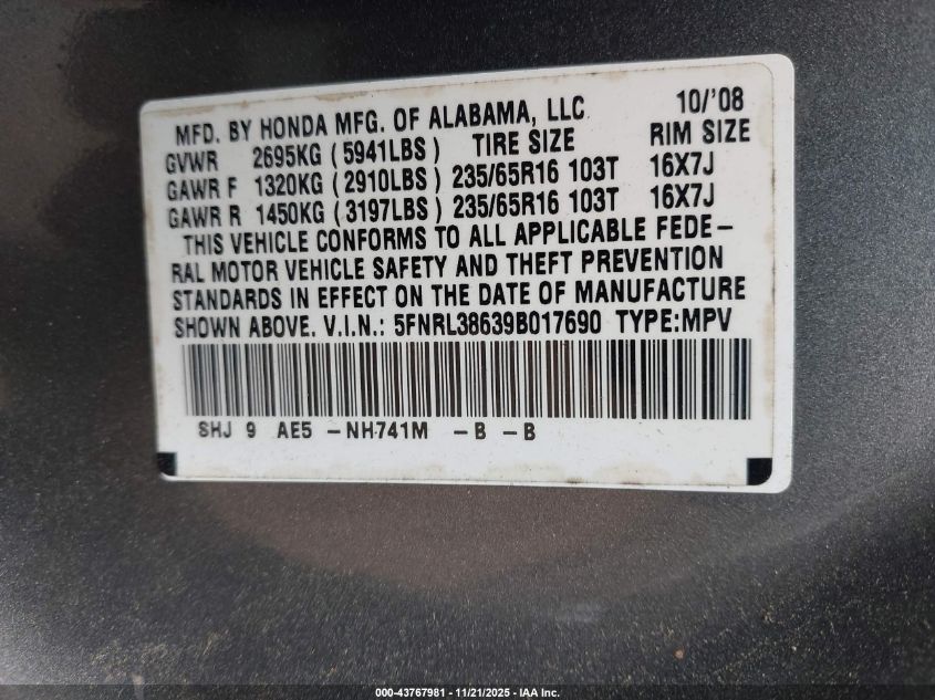 2009 Honda Odyssey Ex-L VIN: 5FNRL38639B017690 Lot: 43767981