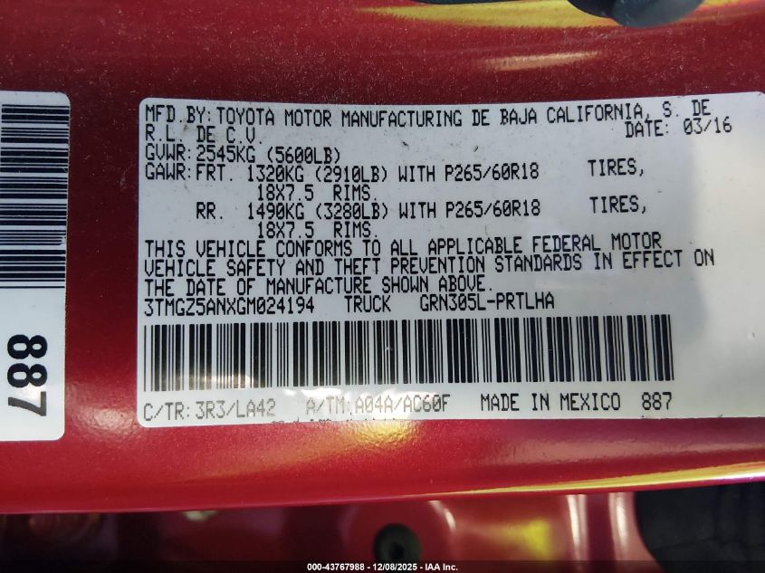 2016 Toyota Tacoma Limited VIN: 3TMGZ5ANXGM024194 Lot: 43767988