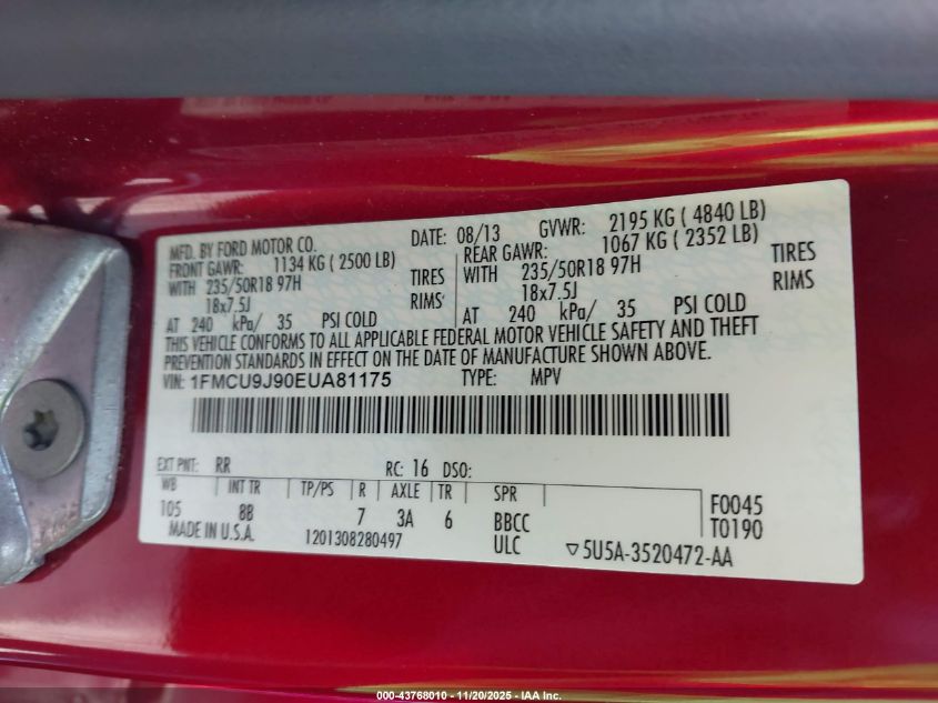 2014 Ford Escape Titanium VIN: 1FMCU9J90EUA81175 Lot: 43768010