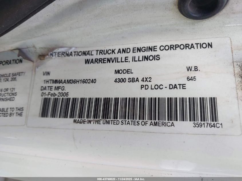 2006 International 4000 4300 VIN: 1HTMMAAM36H160240 Lot: 43768020