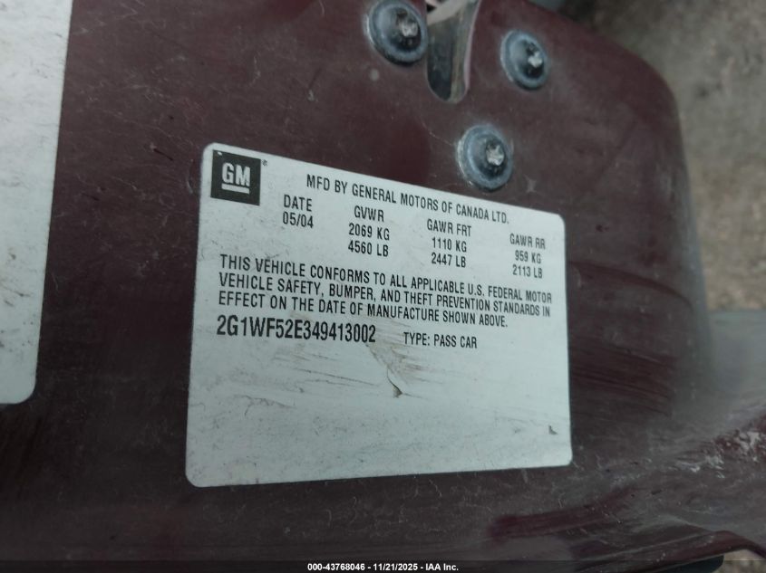 2004 Chevrolet Impala VIN: 2G1WF52E349413002 Lot: 43768046