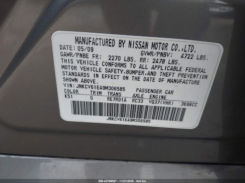 2009 Infiniti G37 Journey VIN: JNKCV61E49M306585 Lot: 43768057
