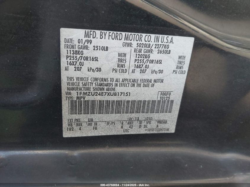 1999 Ford Explorer Sport VIN: 1FMZU24E7XUB17151 Lot: 43768084
