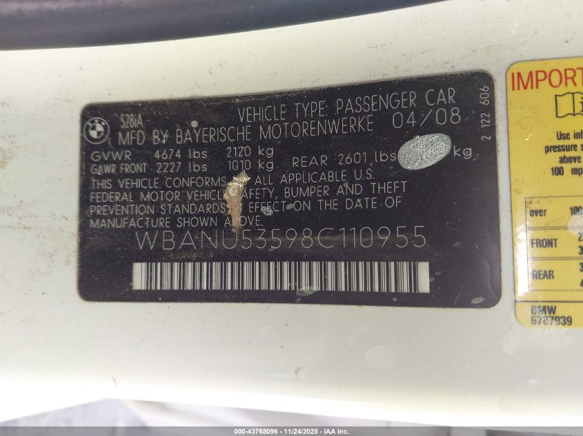 2008 BMW 528 I VIN: WBANU53598C110955 Lot: 43768096