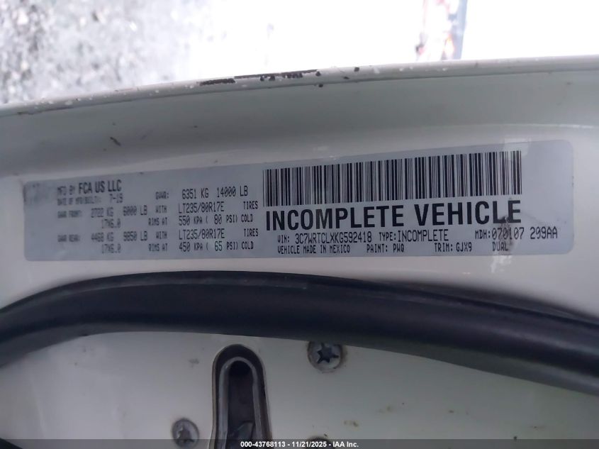 2019 Ram 3500 Chassis Tradesman/Slt/Laramie/Limited VIN: 3C7WRTCLXKG592418 Lot: 43768113