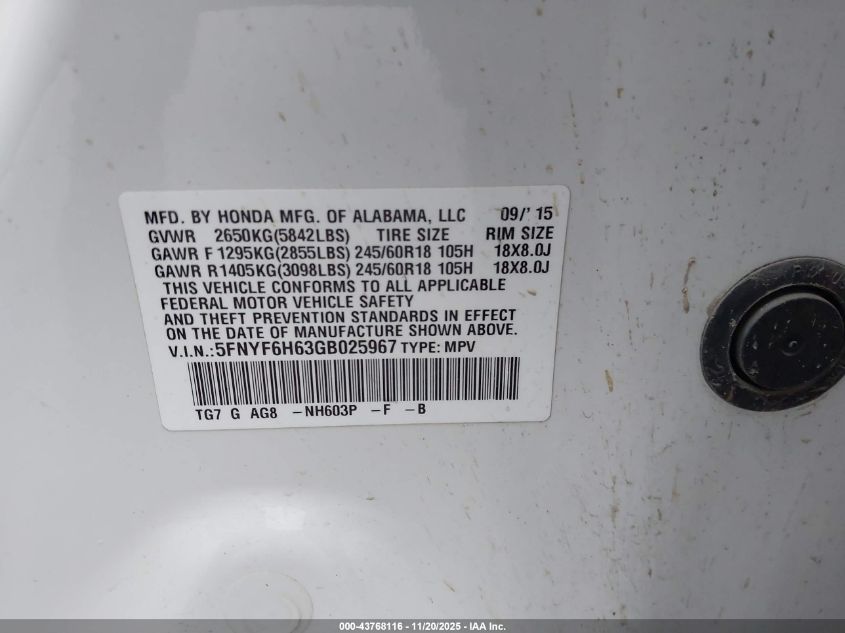 2016 Honda Pilot Ex-L VIN: 5FNYF6H63GB025967 Lot: 43768116
