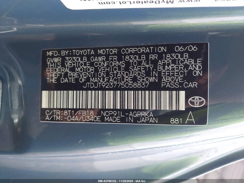 2007 Toyota Yaris VIN: JTDJT923775058837 Lot: 43768122