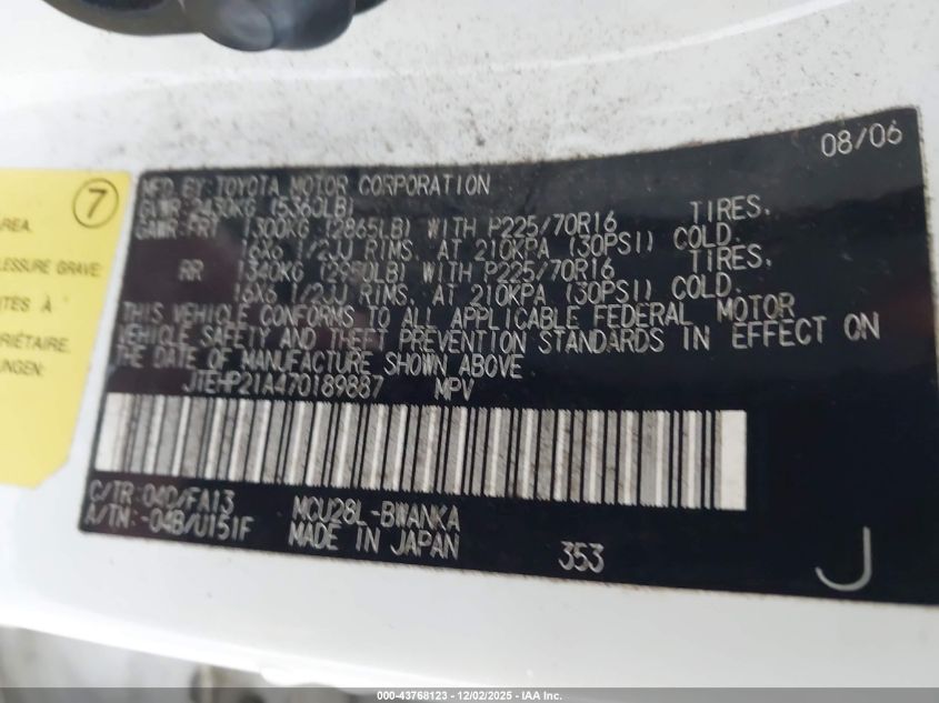 2007 Toyota Highlander V6 VIN: JTEHP21A470189887 Lot: 43768123