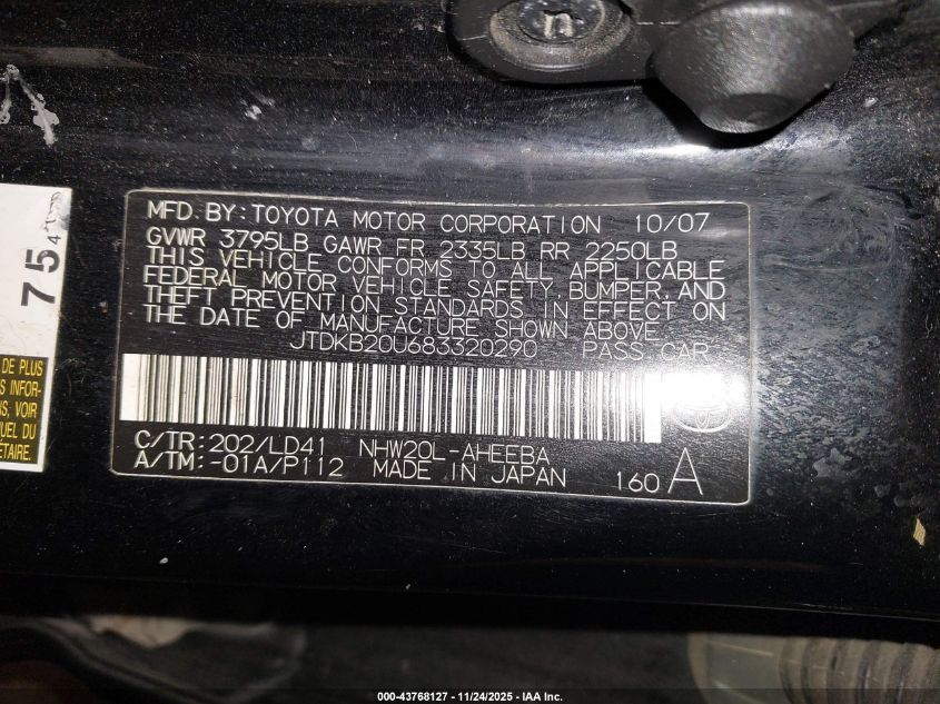 2008 Toyota Prius VIN: JTDKB20U683320290 Lot: 43768127
