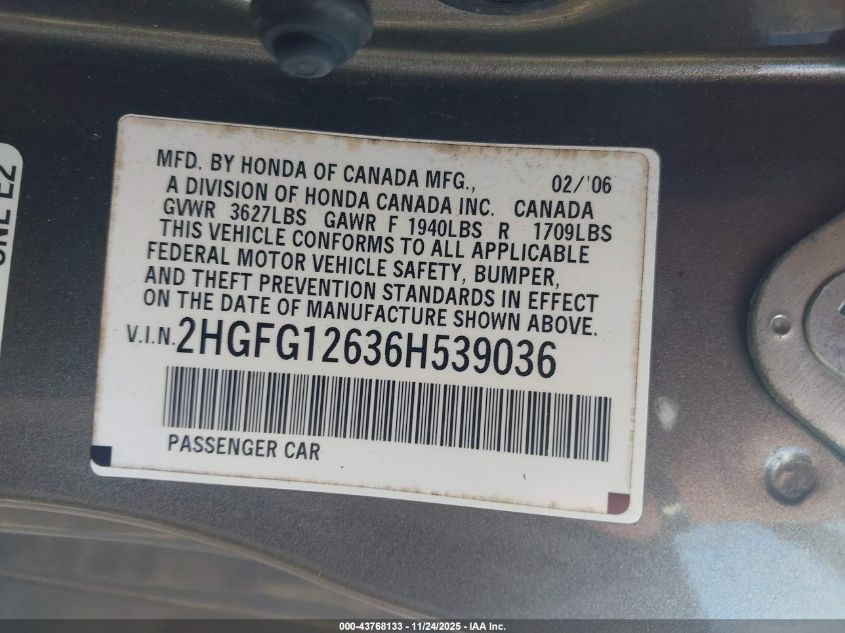 2006 Honda Civic Lx VIN: 2HGFG12636H539036 Lot: 43768133