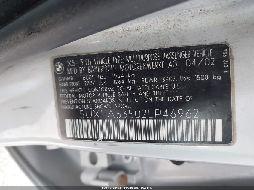 2002 BMW X5 3.0I VIN: 5UXFA53502LP46962 Lot: 43768134