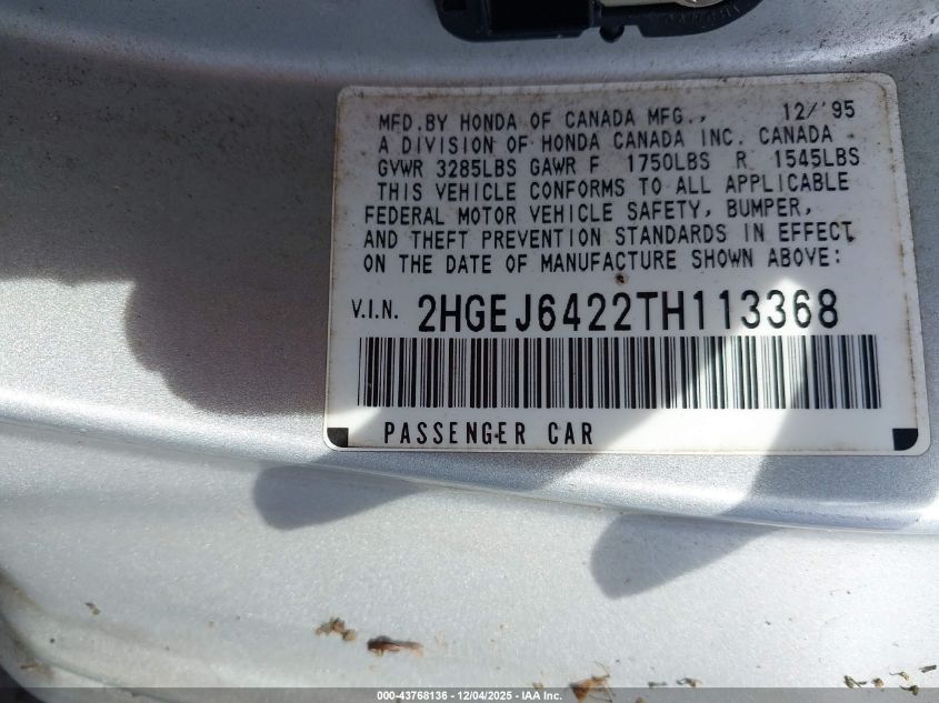 1996 Honda Civic Cx VIN: 2HGEJ6422TH113368 Lot: 43768136